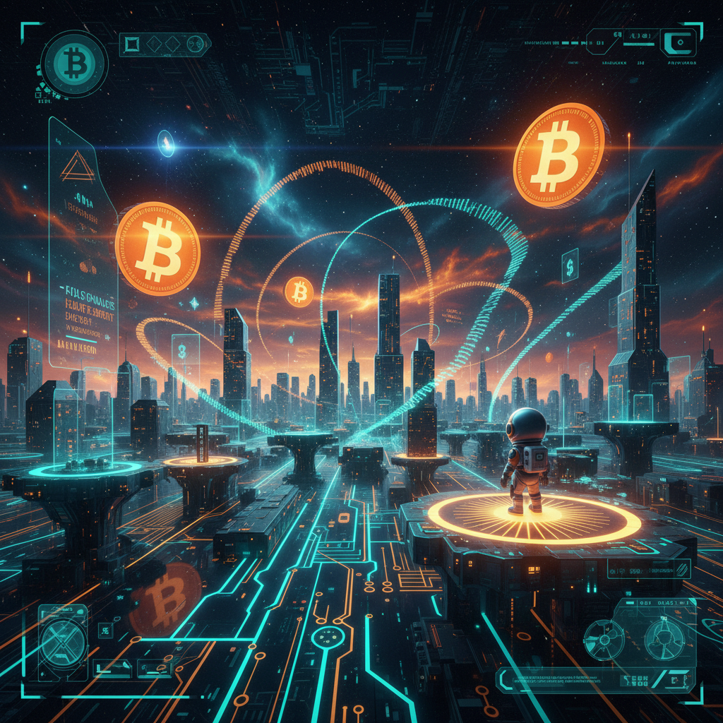 Futuristic Bitcoin cityscape with glowing coins